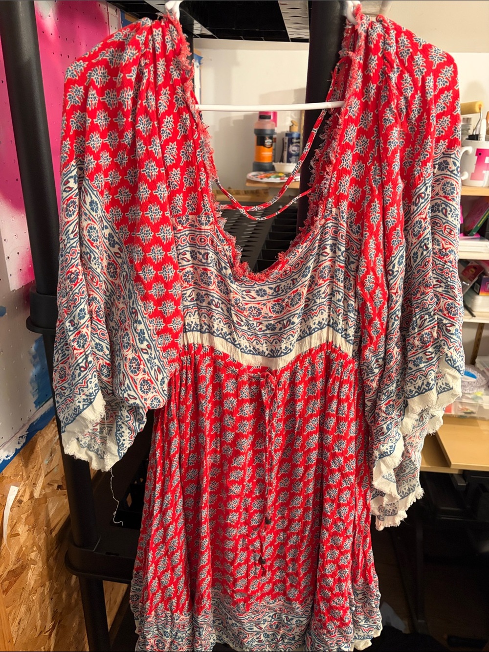 Free People Red Printed Mini Dress with Blue and White Accents